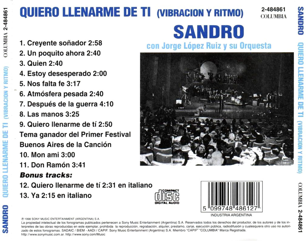Cartula Trasera de Sandro - Quiero Llenarme De Ti (Vibracion Y Ritmo)