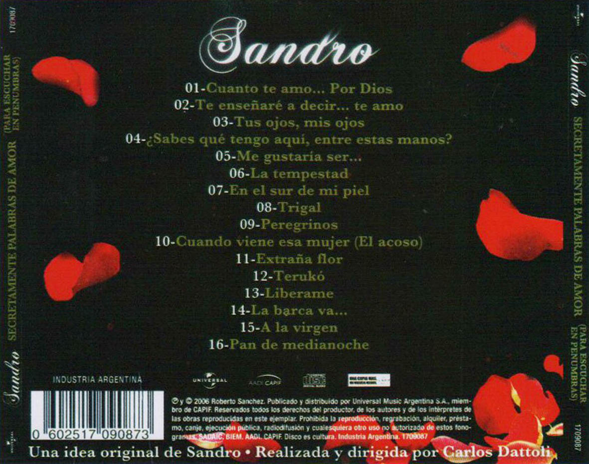Cartula Trasera de Sandro - Secretamente Palabras De Amor (Para Escuchar En Penumbras)