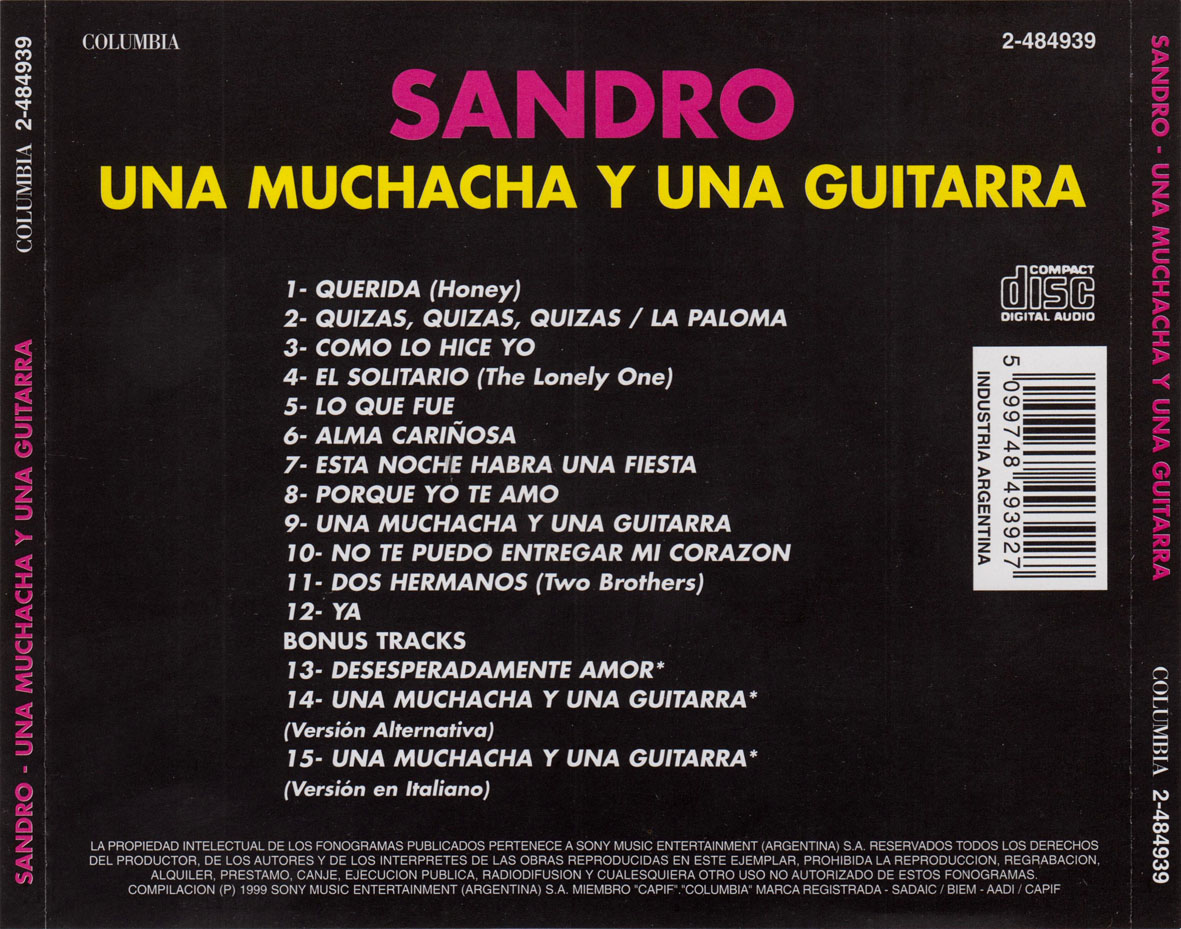 Cartula Trasera de Sandro - Una Muchacha Y Una Guitarra
