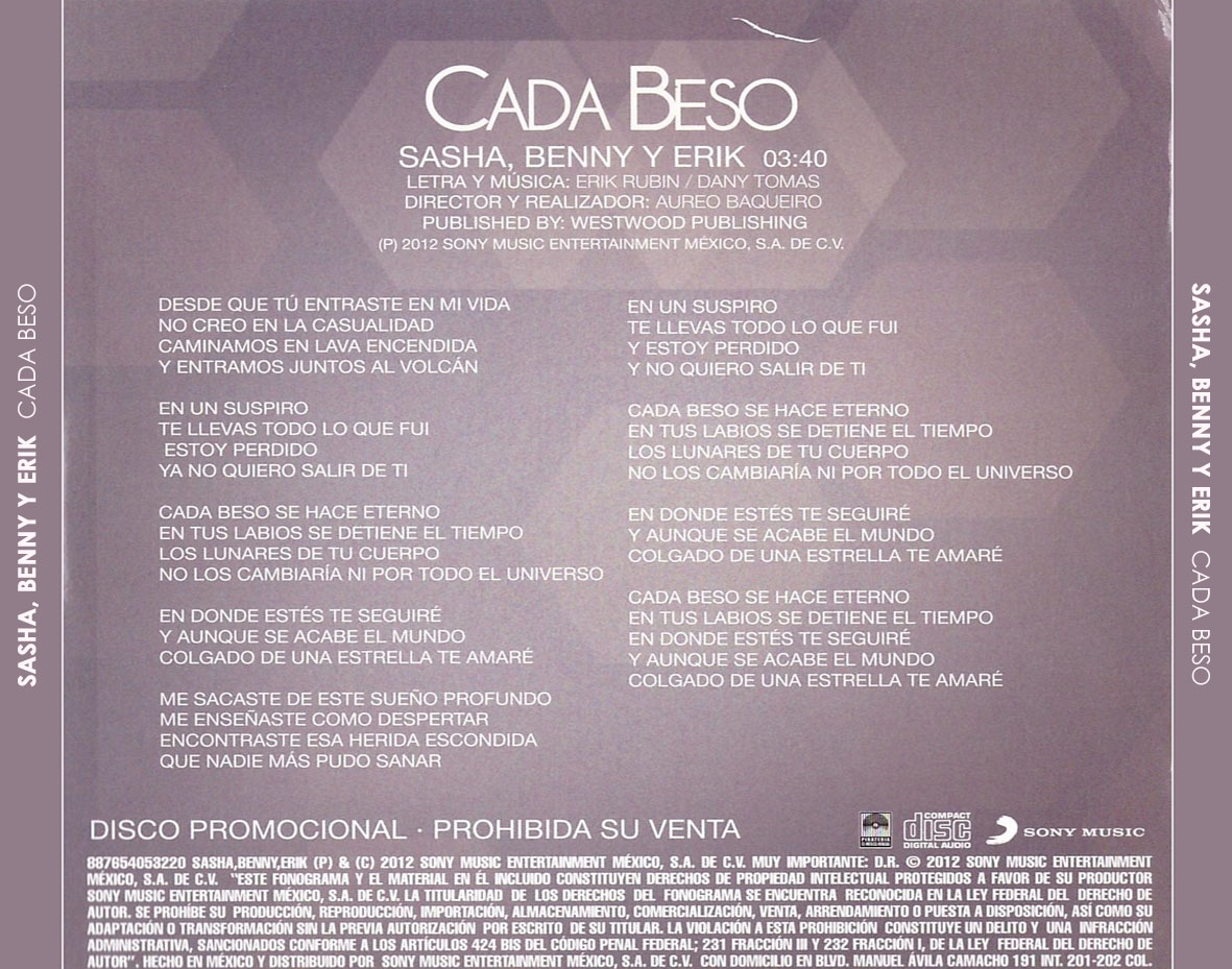Cartula Trasera de Sasha, Benny, Erik - Cada Beso (Cd Single)