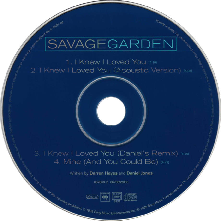 Carátula Cd de Savage Garden - I Knew I Loved You (Cd Single)