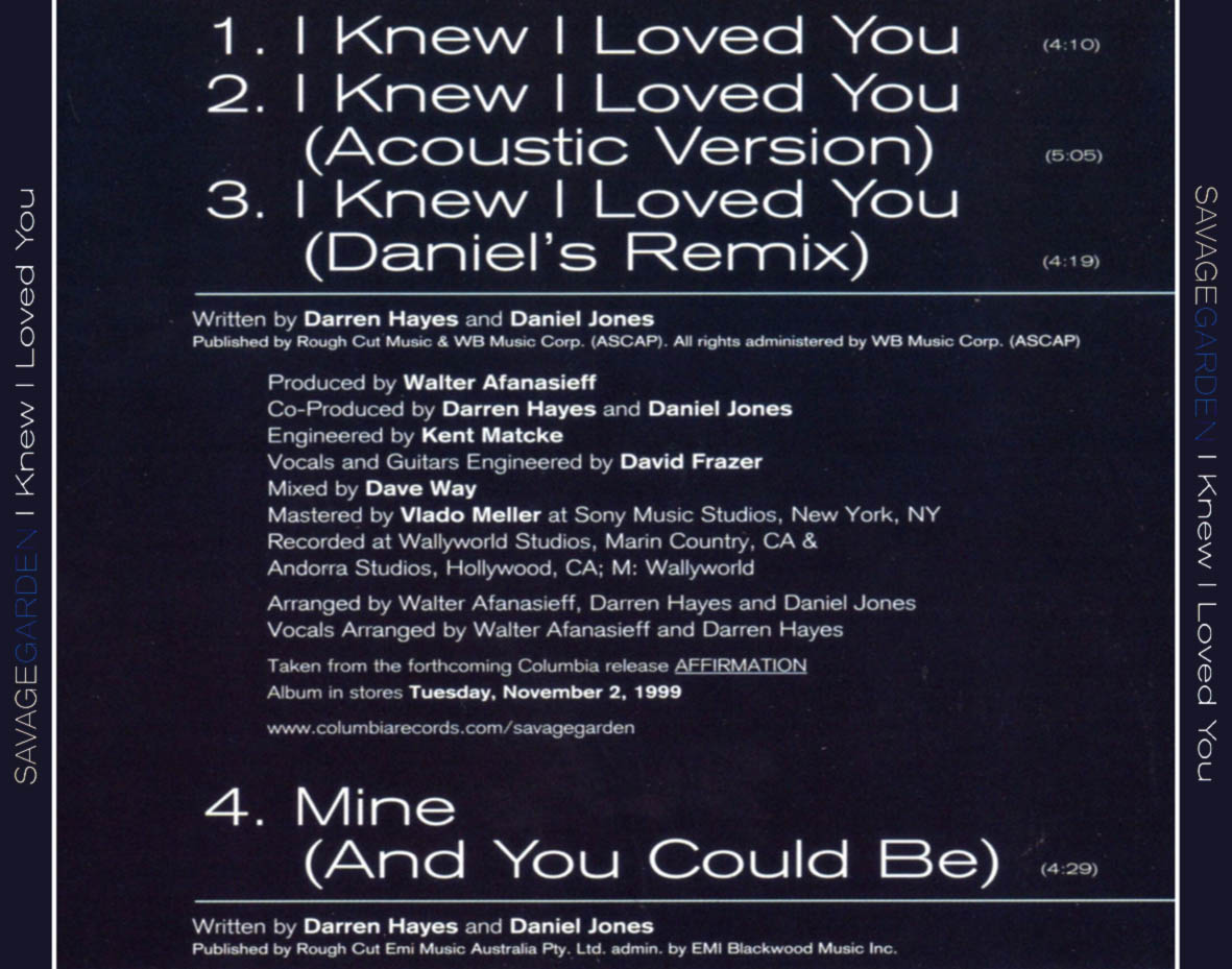 Carátula Trasera de Savage Garden - I Knew I Loved You (Cd Single)