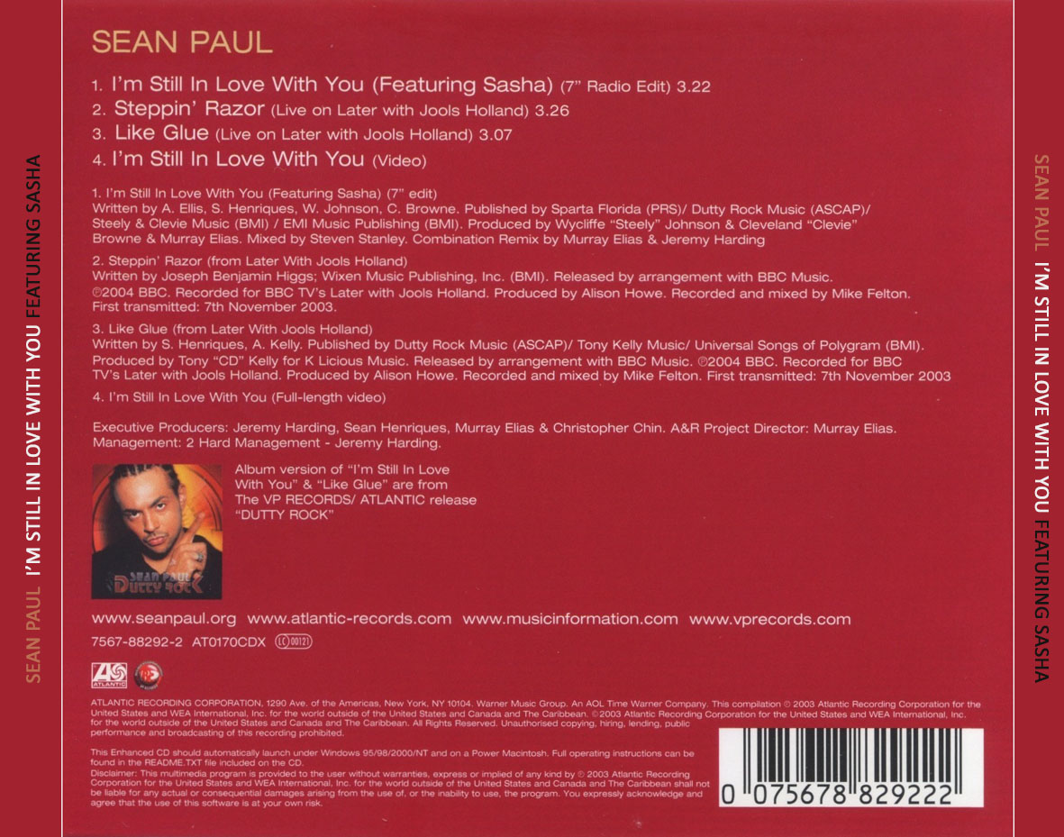 Cartula Trasera de Sean Paul - I'm Still In Love With You (Featuring Sasha) (Cd Single)