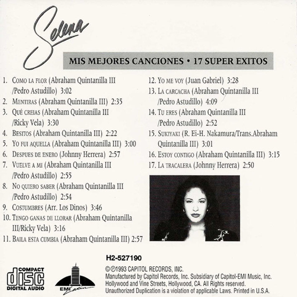 Cartula Interior Frontal de Selena - Mis Mejores Canciones - 17 Super Exitos