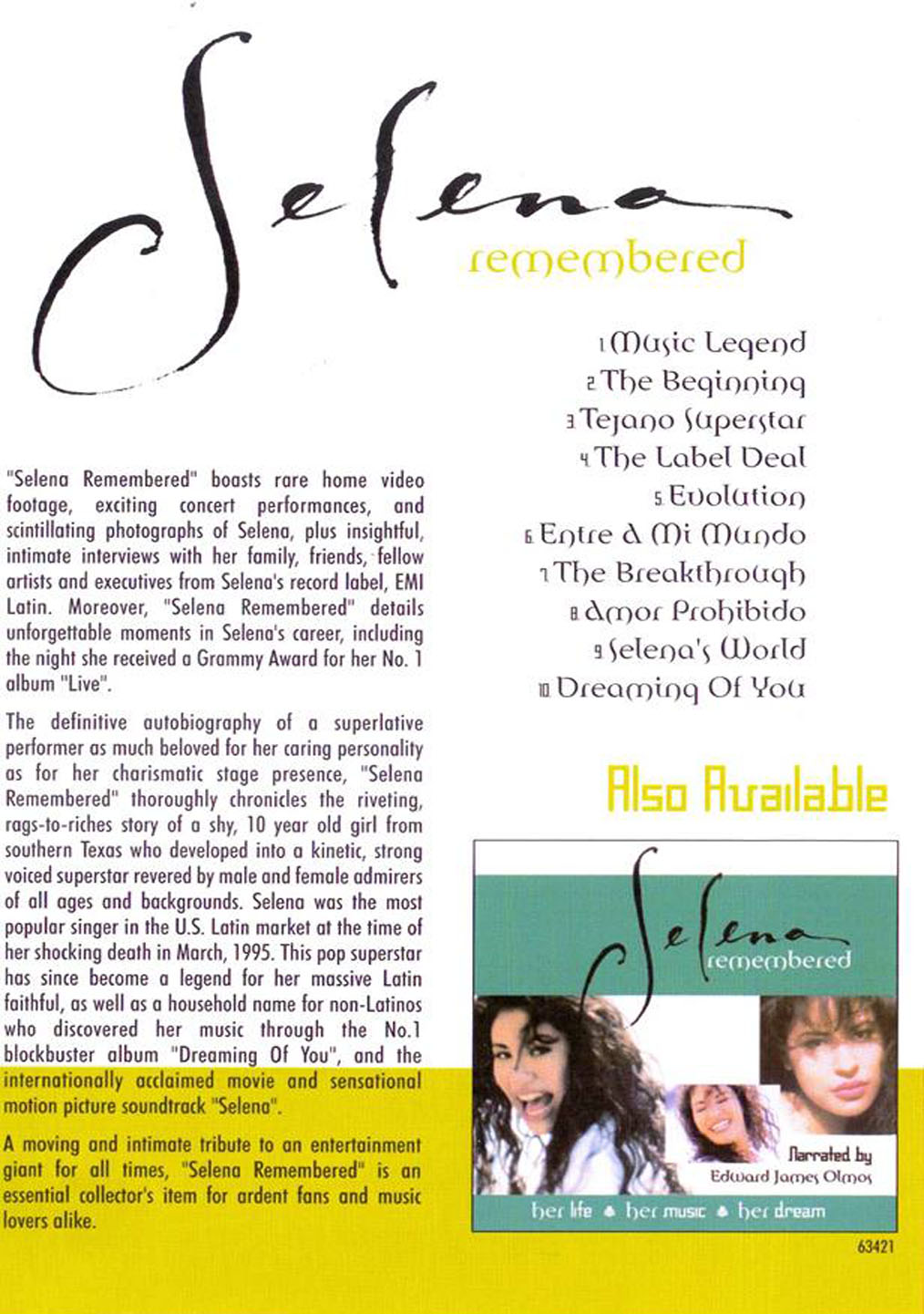 Cartula Interior Trasera de Selena - Remembered (Dvd)