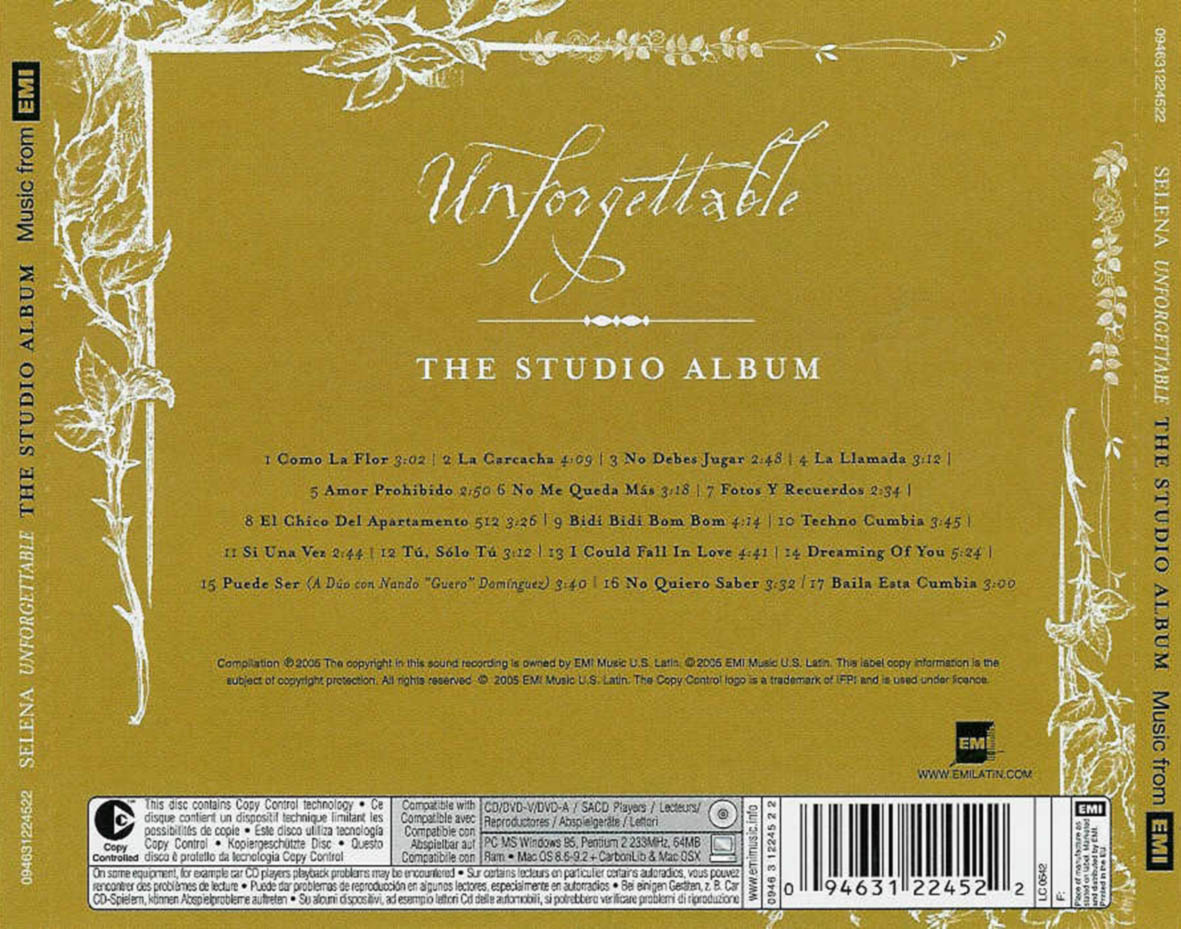 Cartula Trasera de Selena - Unforgettable (The Studio Album)