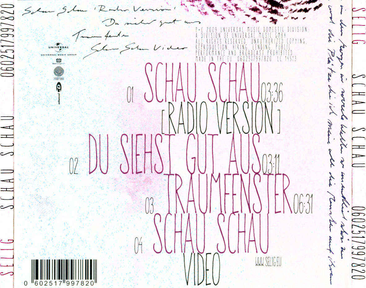 Cartula Trasera de Selig - Schau Schau (Cd Single)