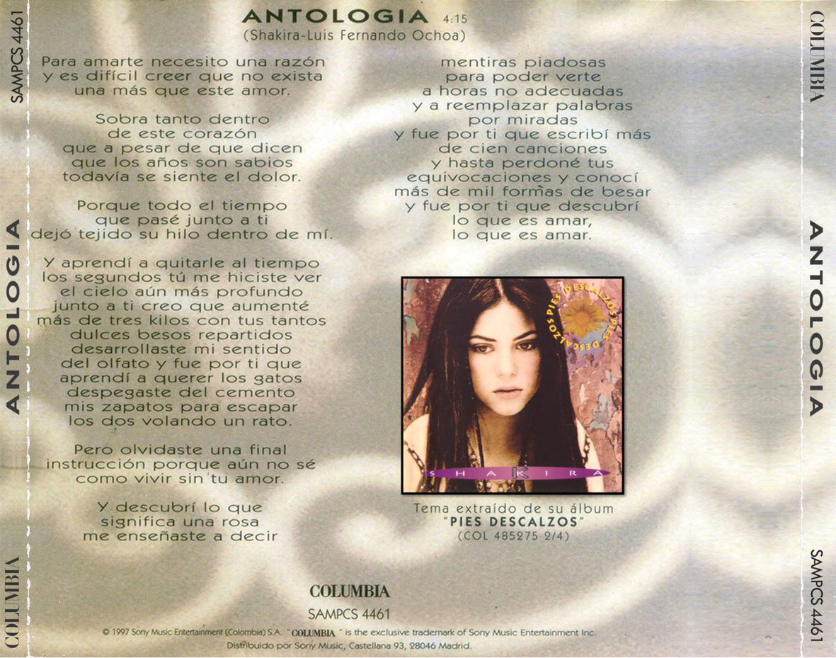 Cartula Trasera de Shakira - Antologia (Cd Single)