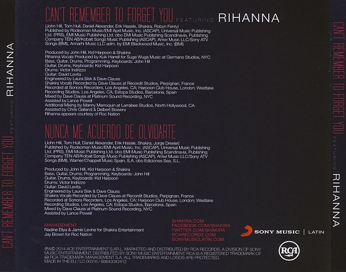 Cartula Trasera de Shakira - Can't Remember To Forget You (Featuring Rihanna) (Cd Single)