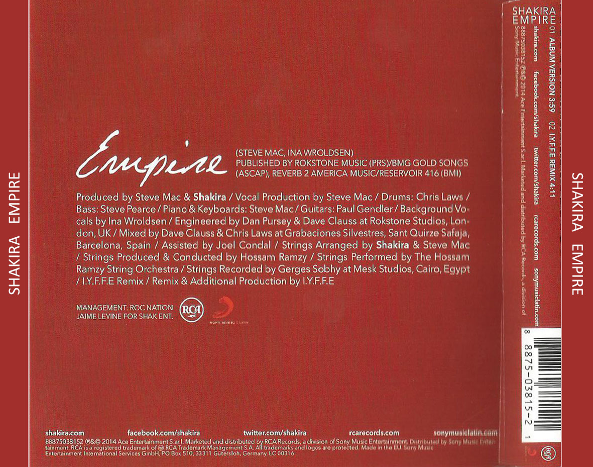 Cartula Trasera de Shakira - Empire (Cd Single)