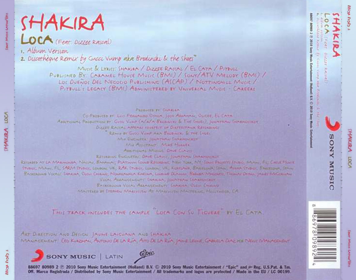 Cartula Trasera de Shakira - Loca (Cd Single)