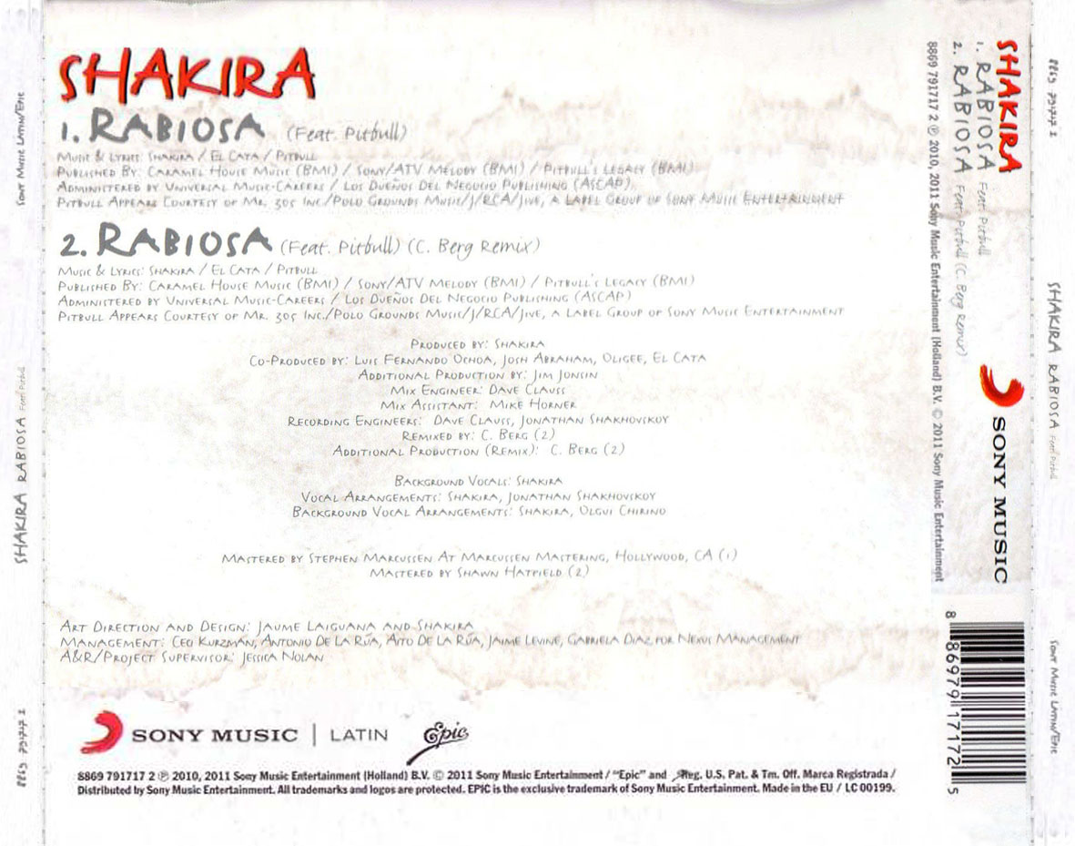 Cartula Trasera de Shakira - Rabiosa (Cd Single)