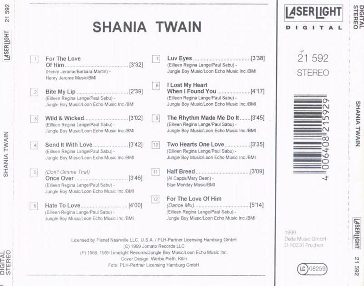 Cartula Trasera de Shania Twain - For The Love Of Him