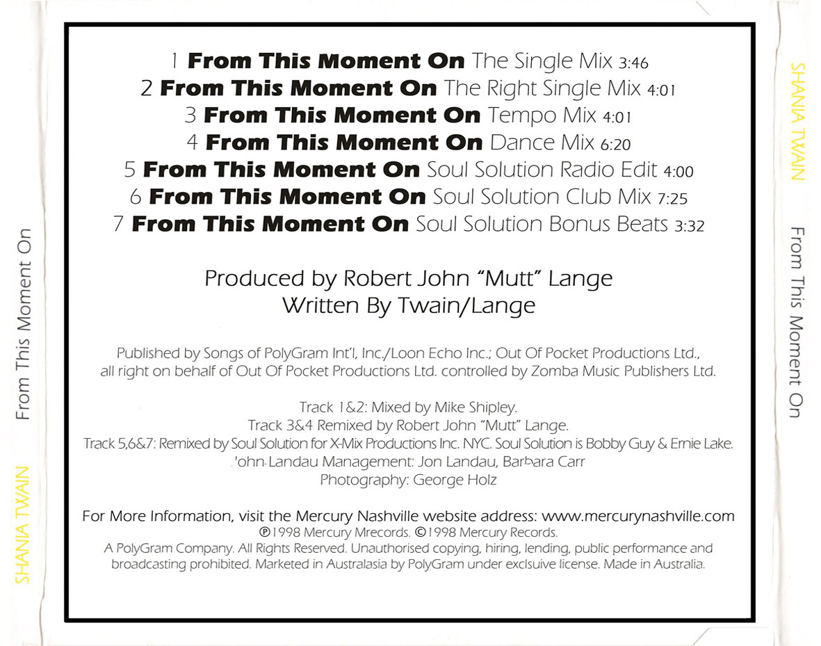 Cartula Trasera de Shania Twain - From This Moment On (Remixes) (Cd Single)