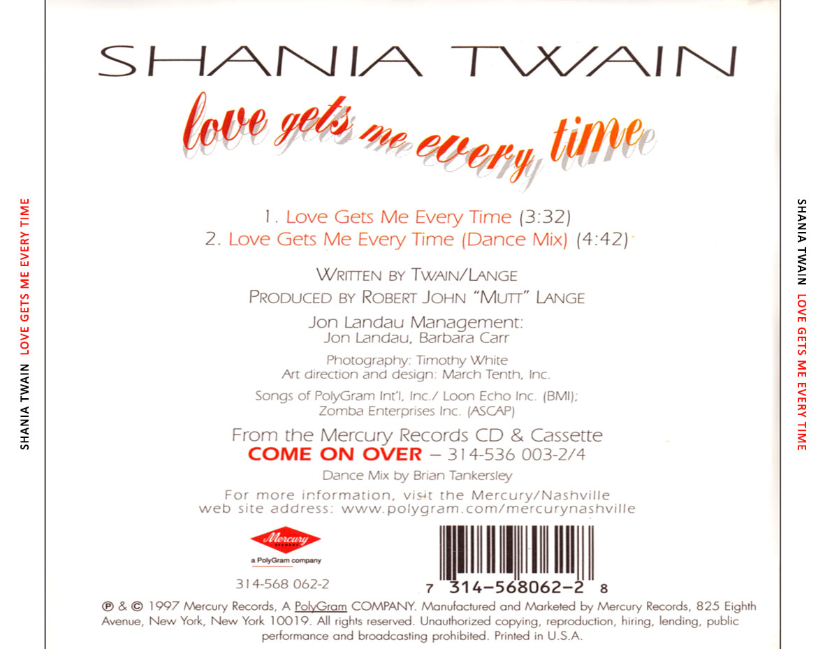 Cartula Trasera de Shania Twain - Love Gets Me Every Time (Cd Single)
