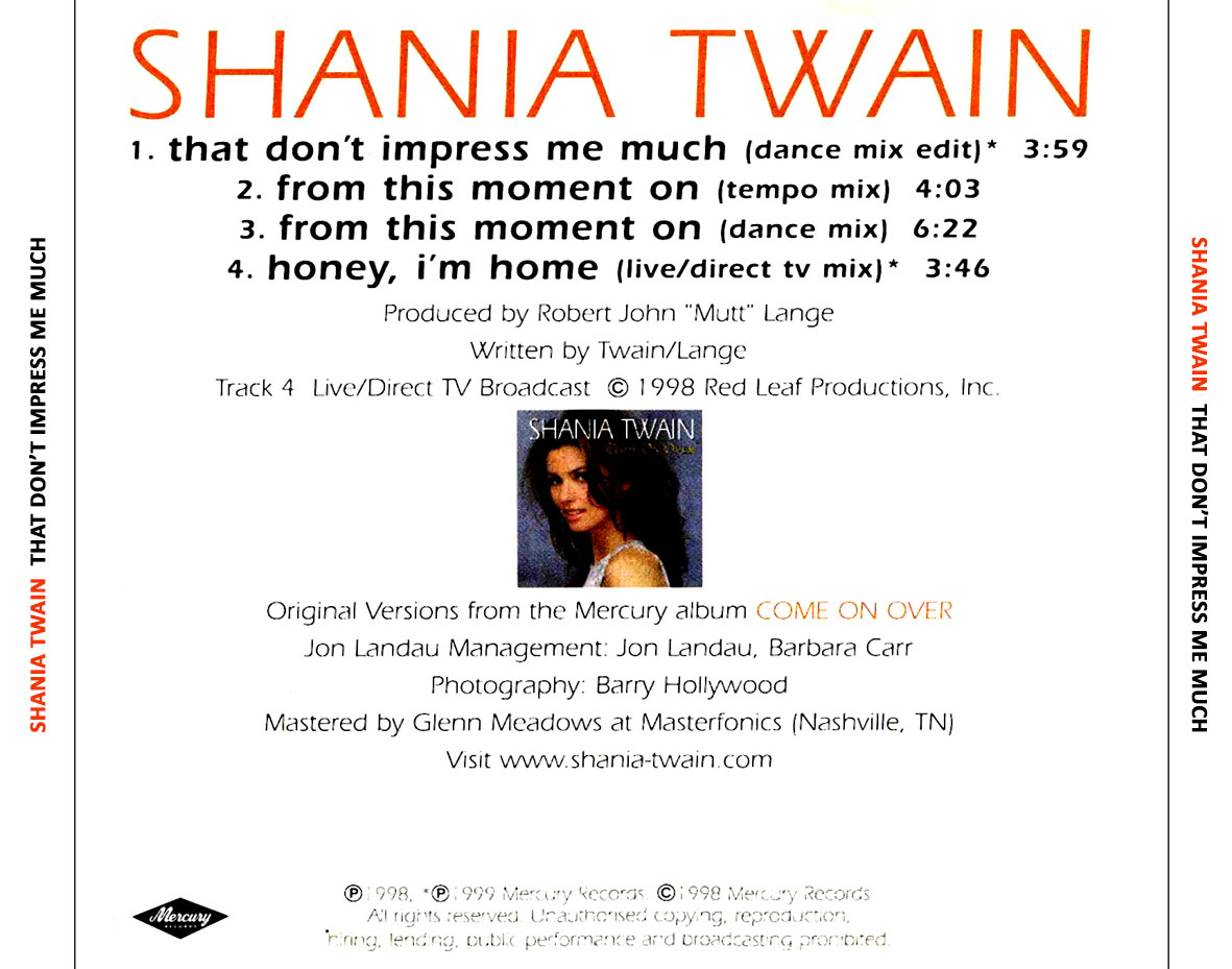 Cartula Trasera de Shania Twain - That Don't Impress Me Much (Cd Single)