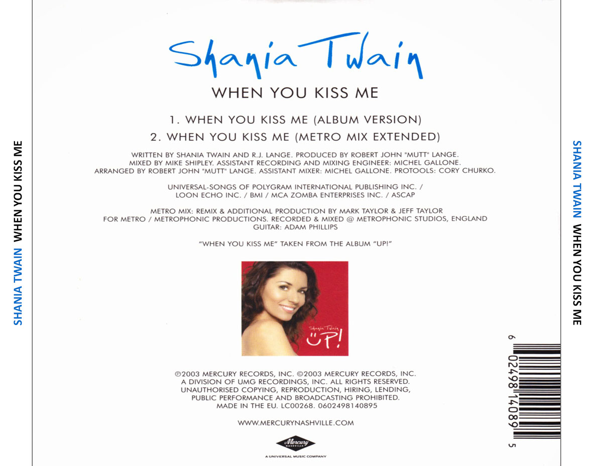 Cartula Trasera de Shania Twain - When You Kiss Me (Cd Single)