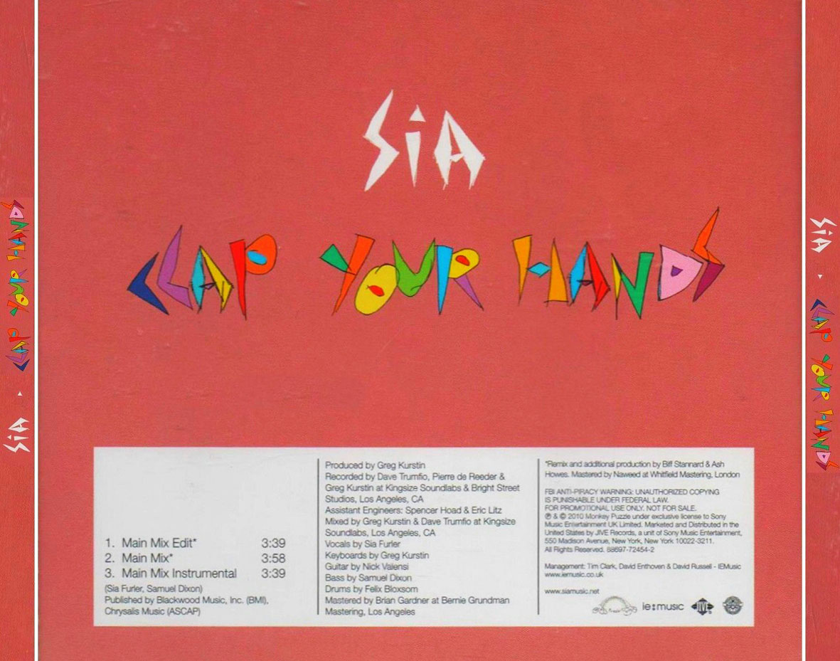 Cartula Trasera de Sia - Clap Your Hands (Cd Single)