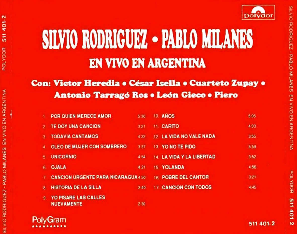 Cartula Trasera de Silvio Rodriguez / Pablo Milanes - En Vivo En Argentina
