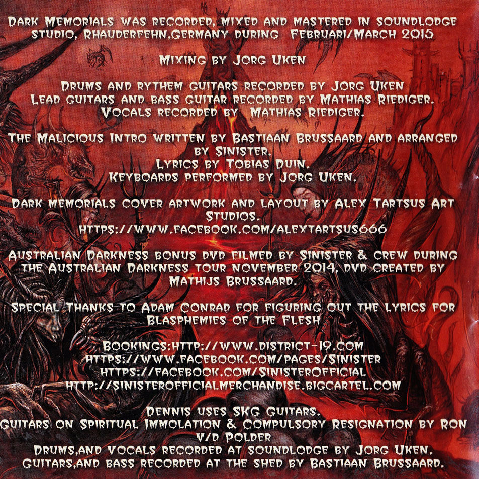 Carátula Interior Frontal de Sinister - Dark Memorials (Special Edition)
