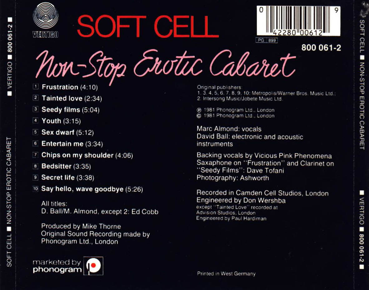 Cartula Trasera de Soft Cell - Non Stop Erotic Cabaret