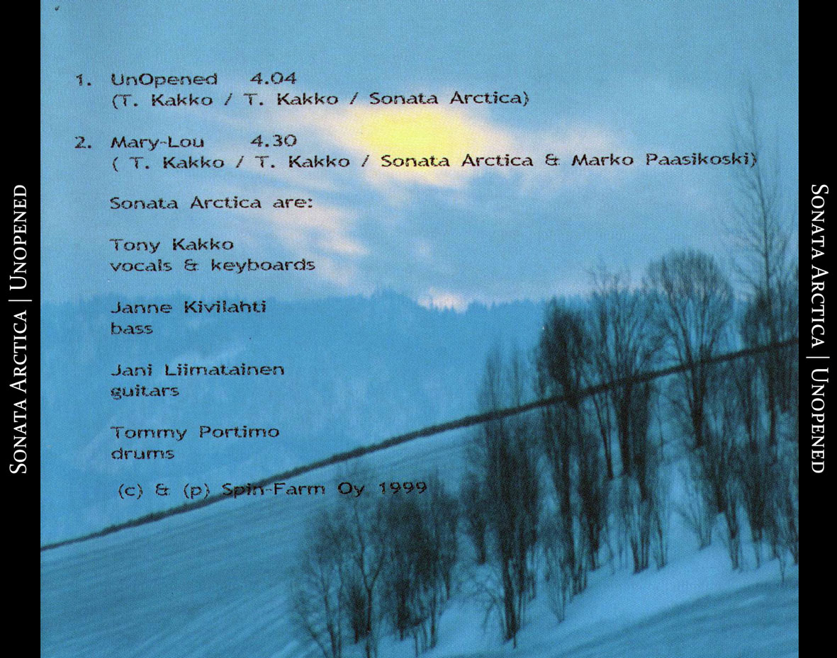 Cartula Trasera de Sonata Arctica - Unopened (Cd Single)
