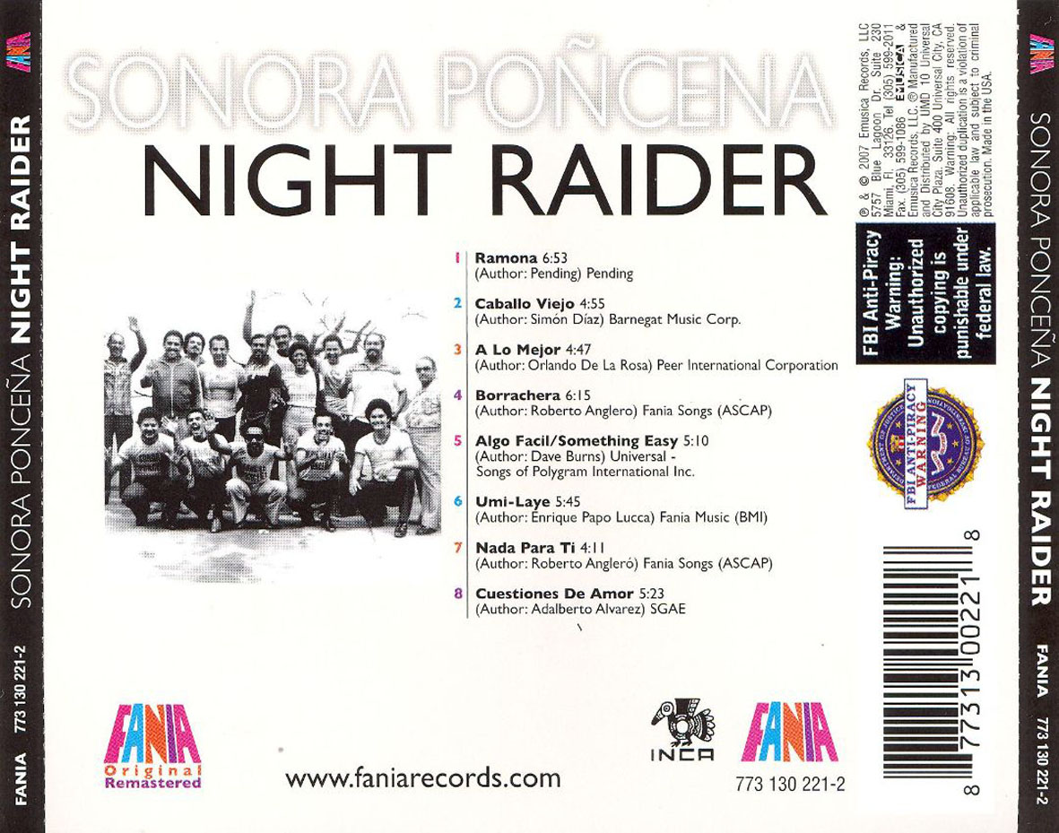 Cartula Trasera de Sonora Poncea - Night Raider