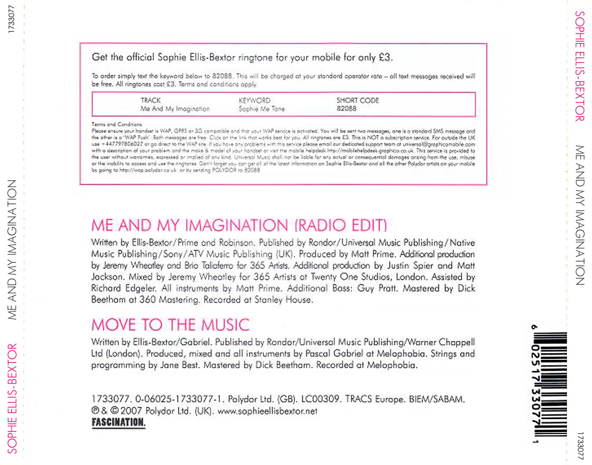 Cartula Trasera de Sophie Ellis-Bextor - Me And My Imagination (Cd Single)