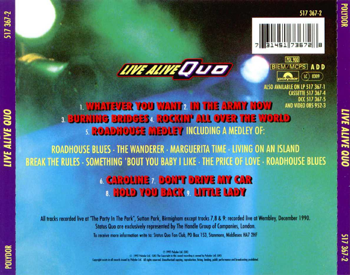 Cartula Trasera de Status Quo - Live Alive Quo (1992)