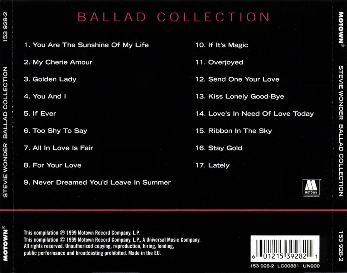 Cartula Trasera de Stevie Wonder - Ballad Collection
