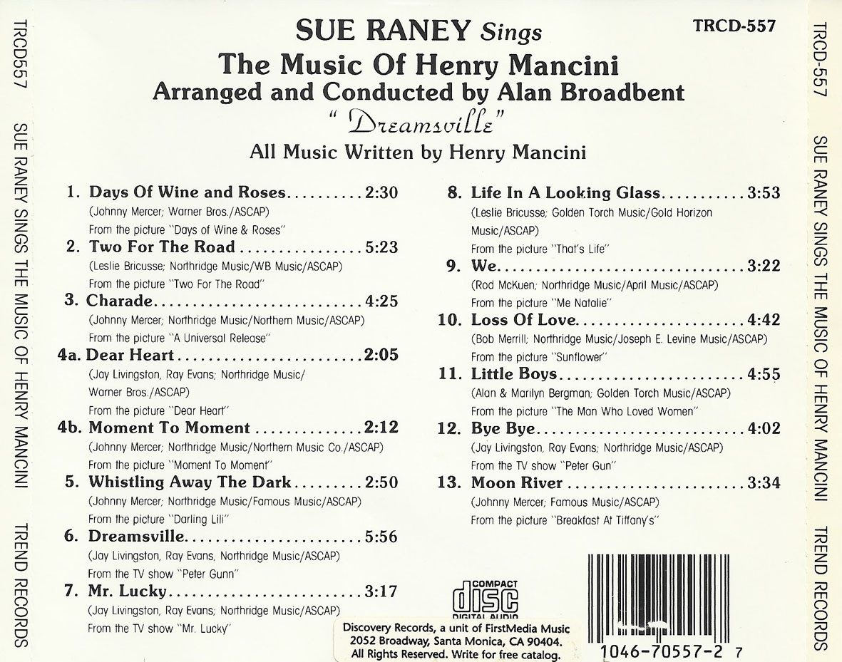 Cartula Trasera de Sue Raney - Dreamsville: Sue Raney Sings The Music Of Henry Mancini