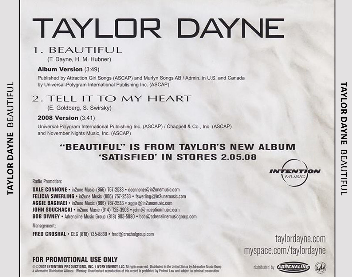 Cartula Trasera de Taylor Dayne - Beautiful (Cd Single)