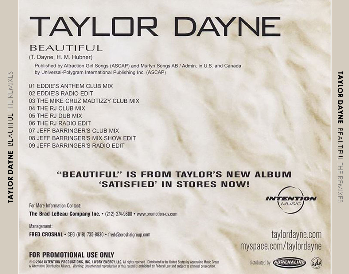 Cartula Trasera de Taylor Dayne - Beautiful (The Remixes) (Cd Single)