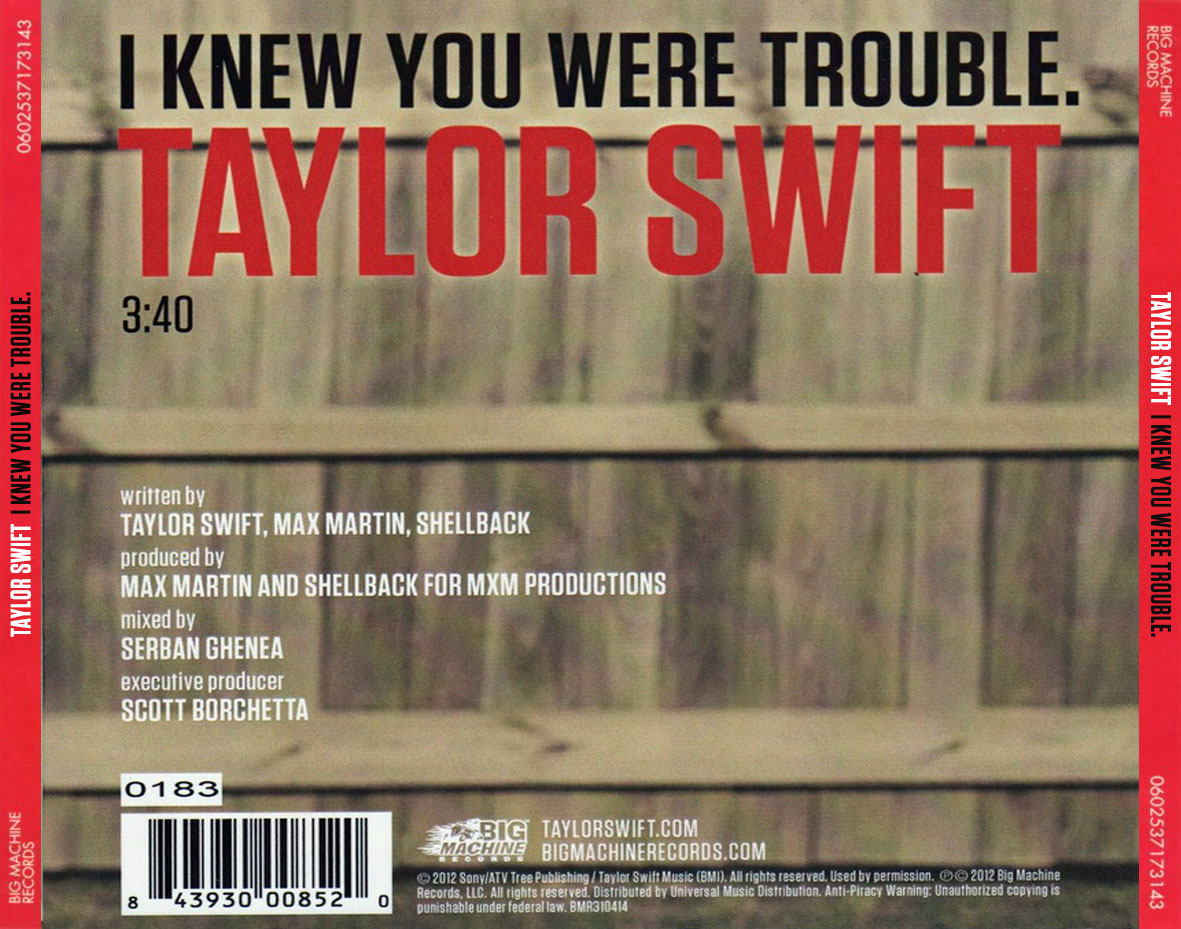 Cartula Trasera de Taylor Swift - I Knew You Were Trouble (Cd Single)