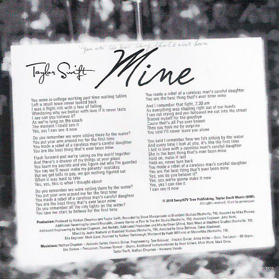 Cartula Interior Frontal de Taylor Swift - Mine (Cd Single)
