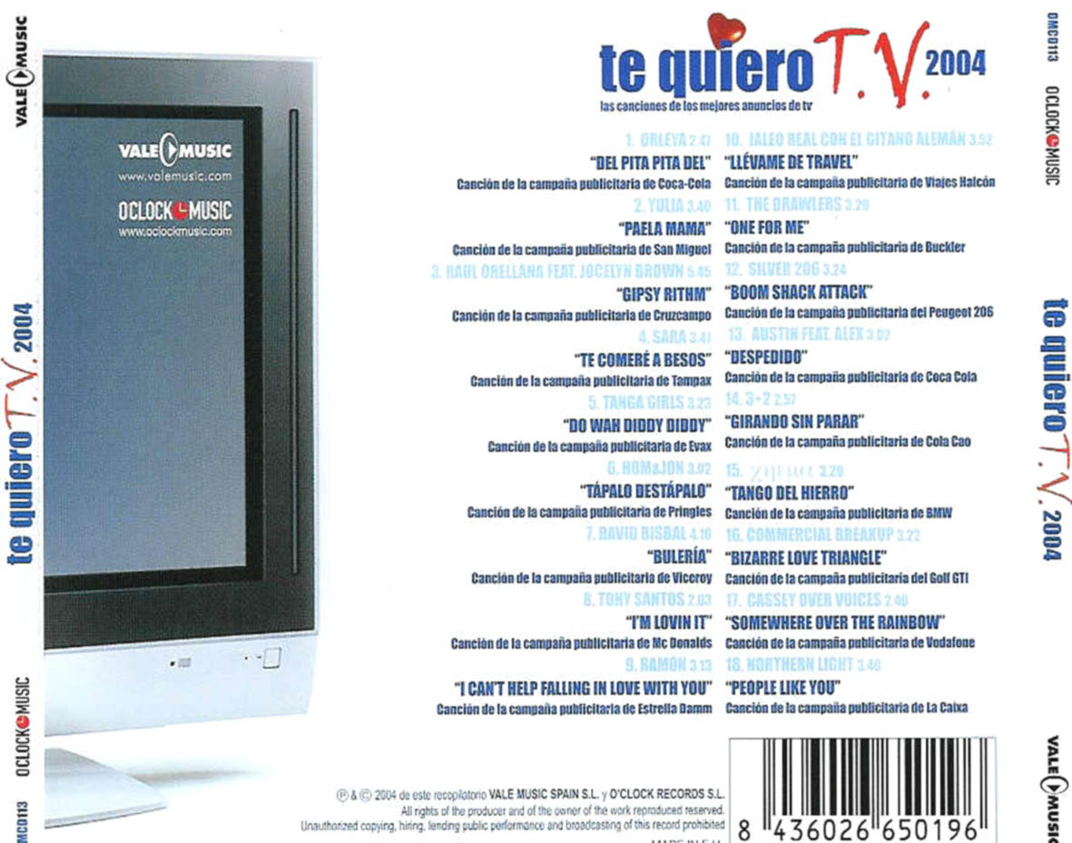 Cartula Trasera de Te Quiero Tv 2004