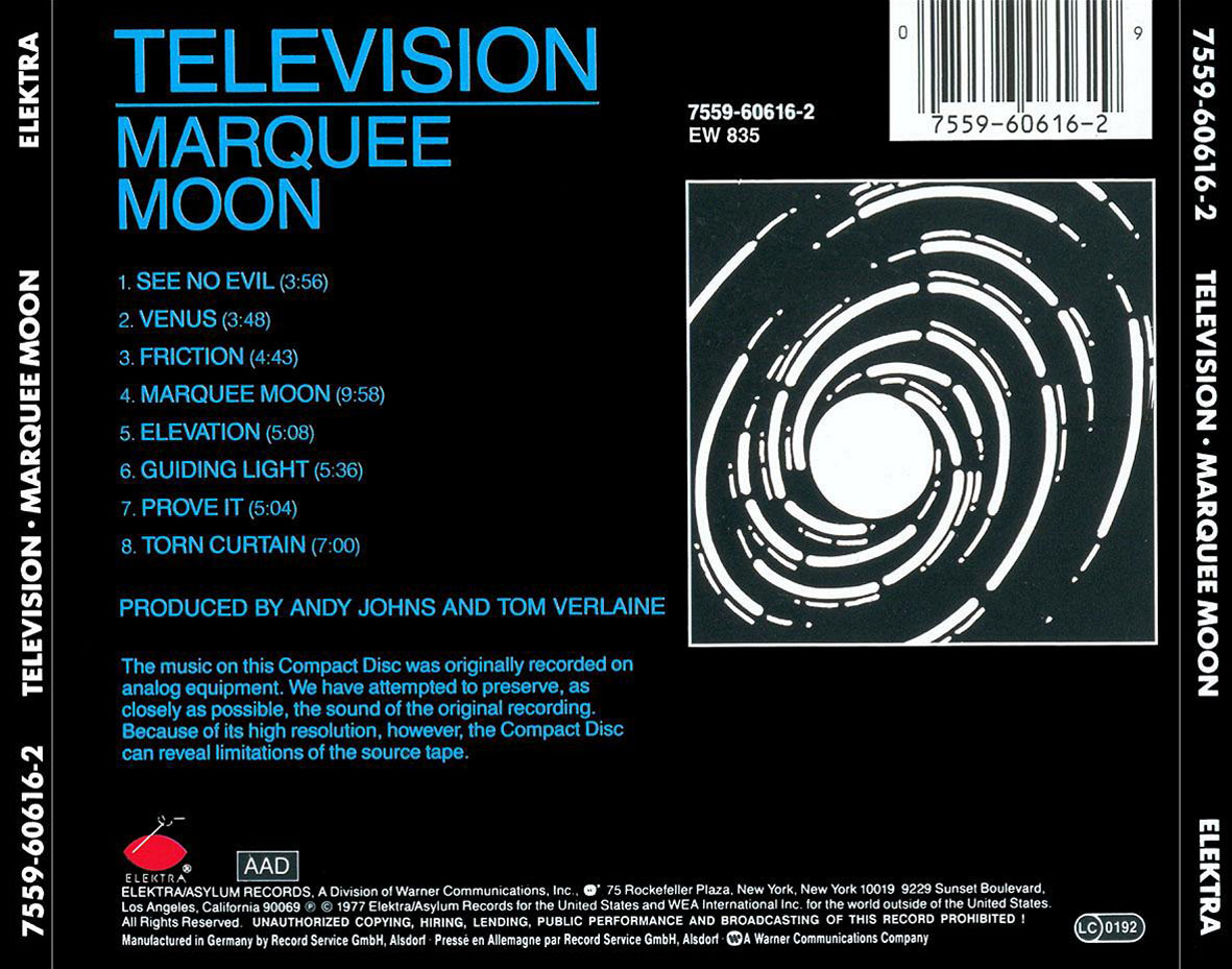 Carátula Trasera de Television - Marquee Moon