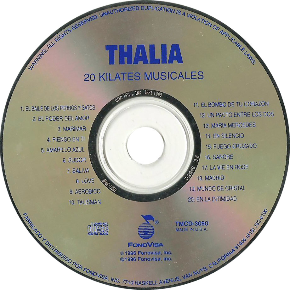 Cartula Cd de Thalia - 20 Kilates Musicales