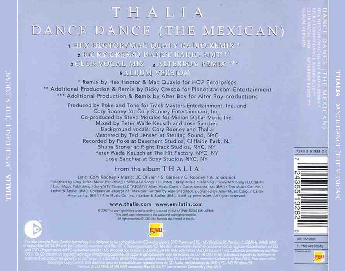 Cartula Trasera de Thalia - Dance Dance (The Mexican) (Cd Single)
