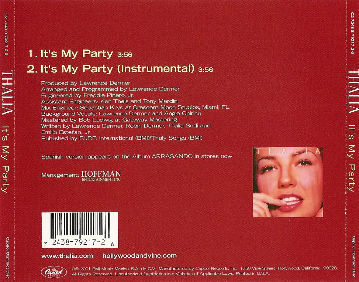 Cartula Trasera de Thalia - It's My Party (Cd Single)