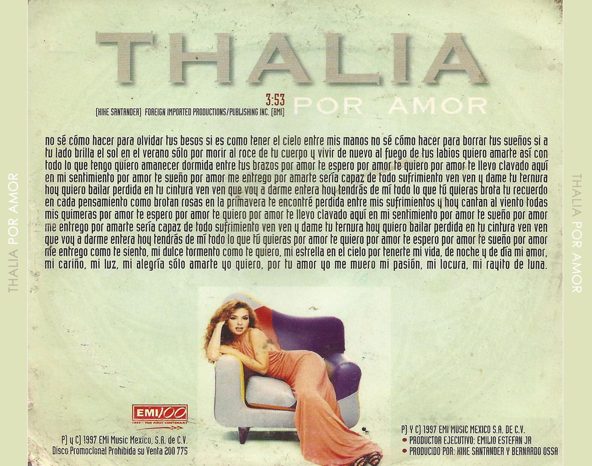 Cartula Trasera de Thalia - Por Amor (Cd Single)