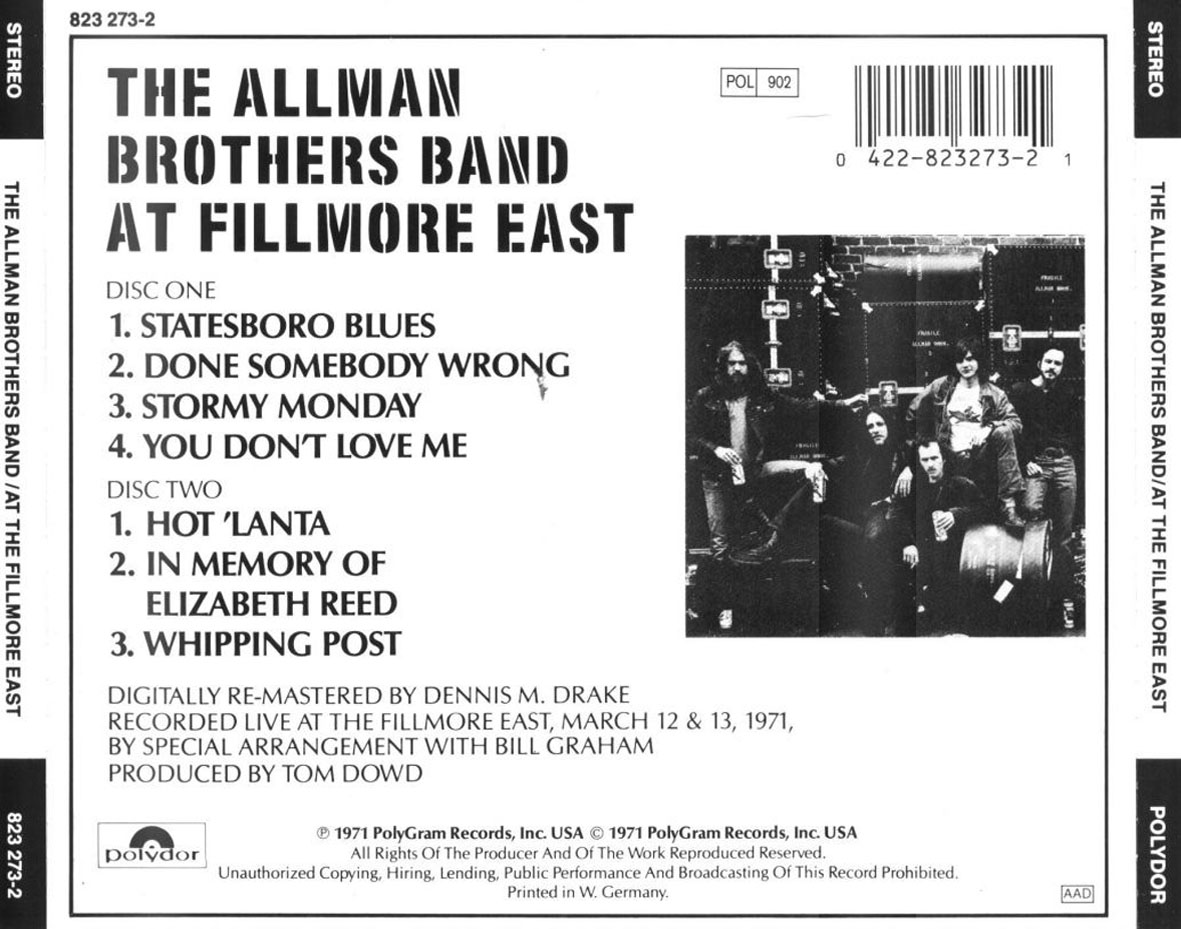 Cartula Trasera de The Allman Brothers Band - At Fillmore East