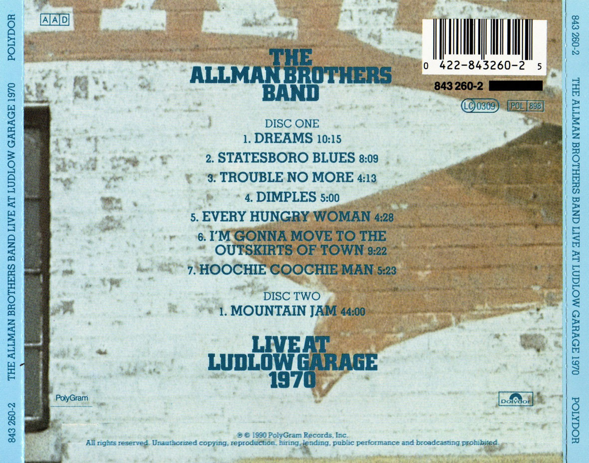Cartula Trasera de The Allman Brothers Band - Live At Ludlow Garage: 1970