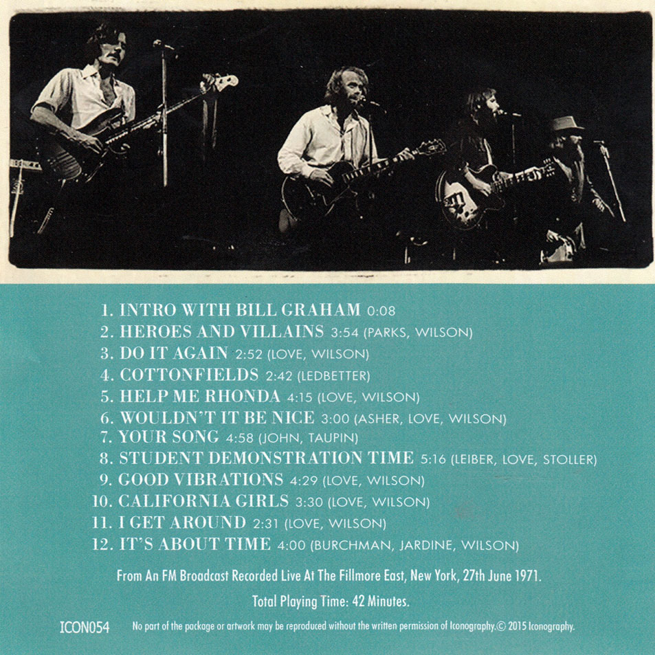 Cartula Interior Frontal de The Beach Boys - Live At Fillmore East 1971