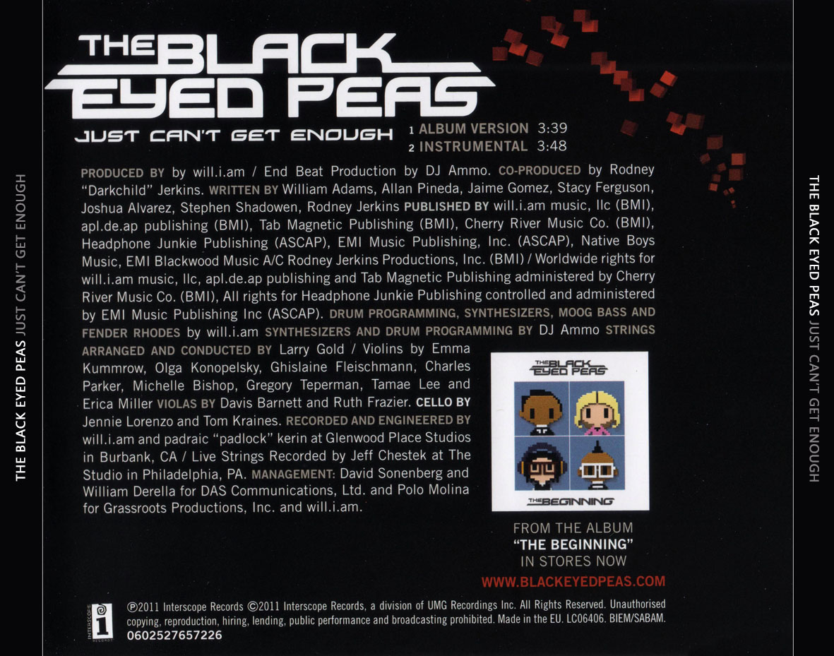 Cartula Trasera de The Black Eyed Peas - Just Can't Get Enough (Cd Single)