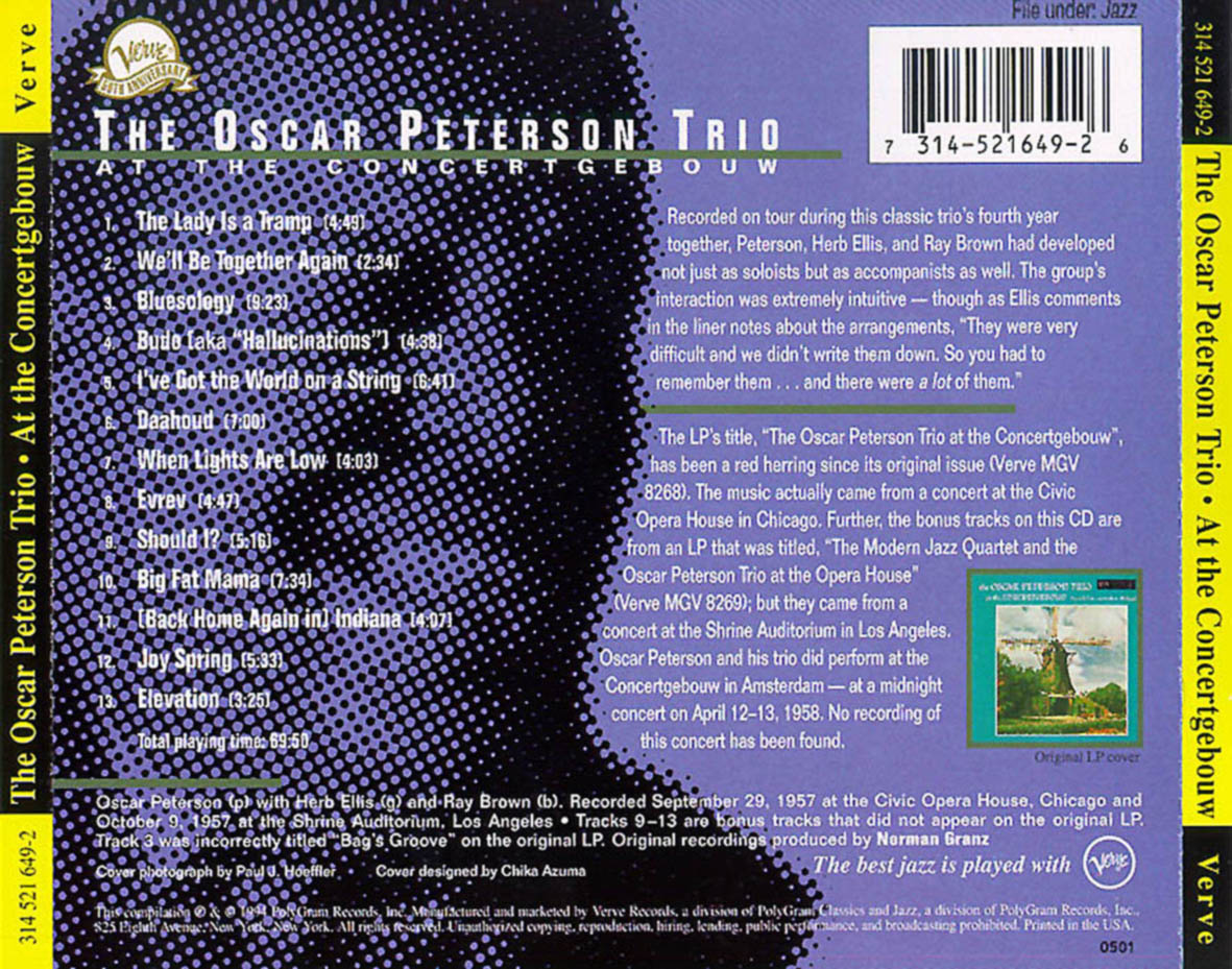Cartula Trasera de The Oscar Peterson Trio - At The Concertgebouw