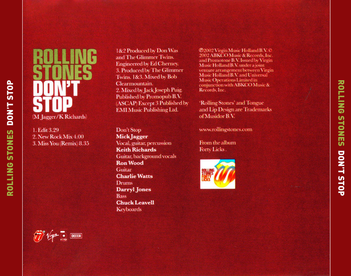 Cartula Trasera de The Rolling Stones - Don't Stop (Cd Single)