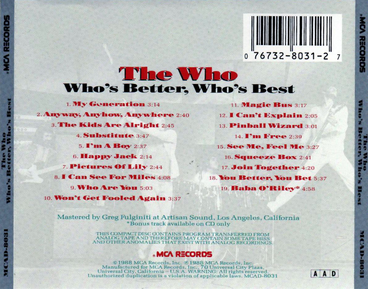 Cartula Trasera de The Who - Who's Better, Who's Best