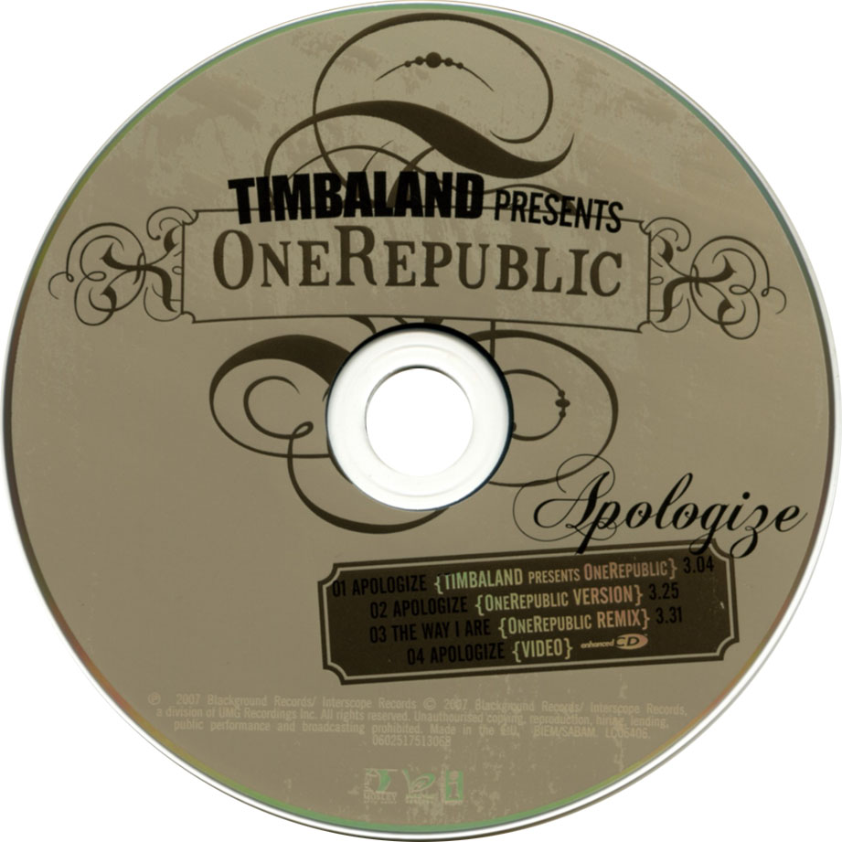Cartula Cd de Timbaland - Apologize (Featuring Onerepublic) (Cd Single)