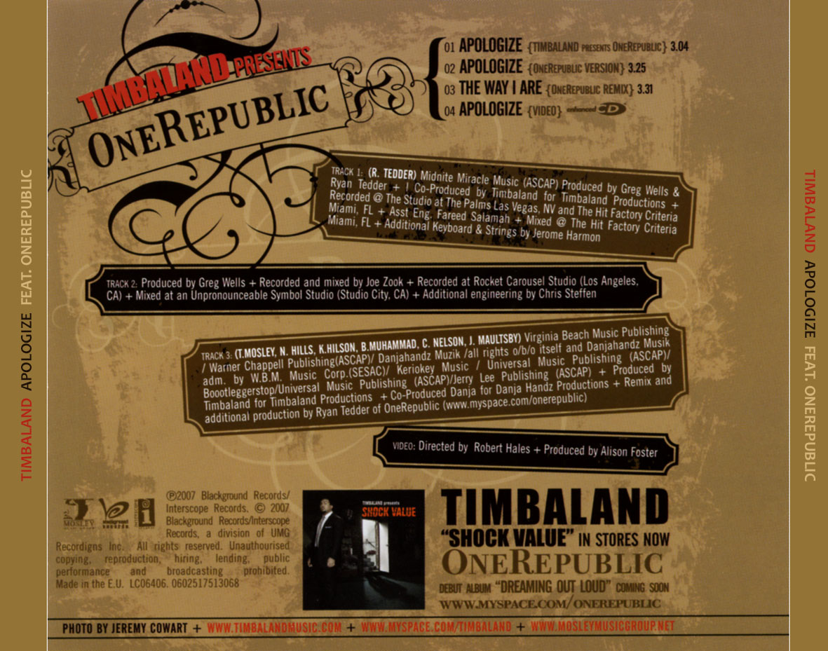 Cartula Trasera de Timbaland - Apologize (Featuring Onerepublic) (Cd Single)
